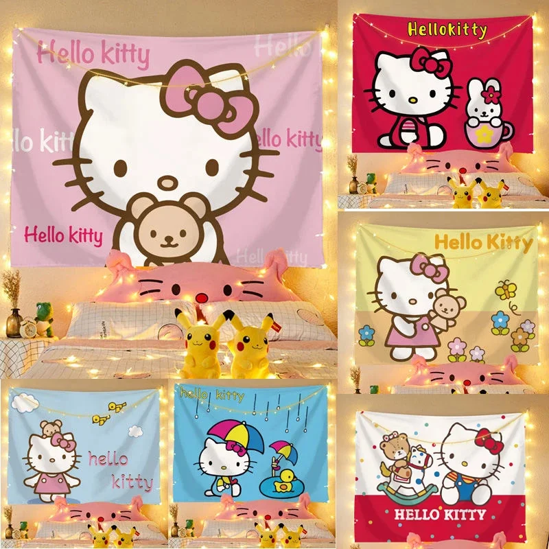 

Cartoon Hello Kitty Tapestry Bedroom Background Cloth Poster Wall Cloth Wall Hanging Wall Rugs Dorm Decoration Blanket Girl Gift