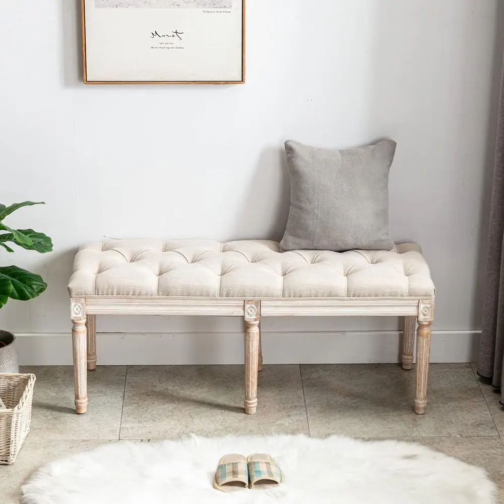 

Vintage Beige Upholstered Wood Dining Bench, 48 Long for Rustic Entryway or Bedroom