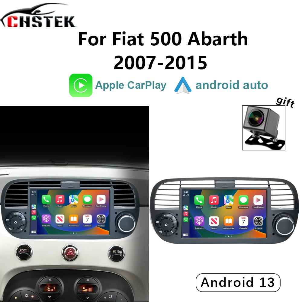 CHSTEK Car Radio Carplay for Fiat 500 Abarth 2007-2015 Android13 Qualcomm GPS 4G Bluetooth Stereo Navigation Multimedia Player