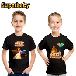 Kids Grizzy Bear and The Lemmings Print Funny T shirt Cartoon Cute Baby Boys Girls Clothes Summer Children Cotton Soft T-Shirt