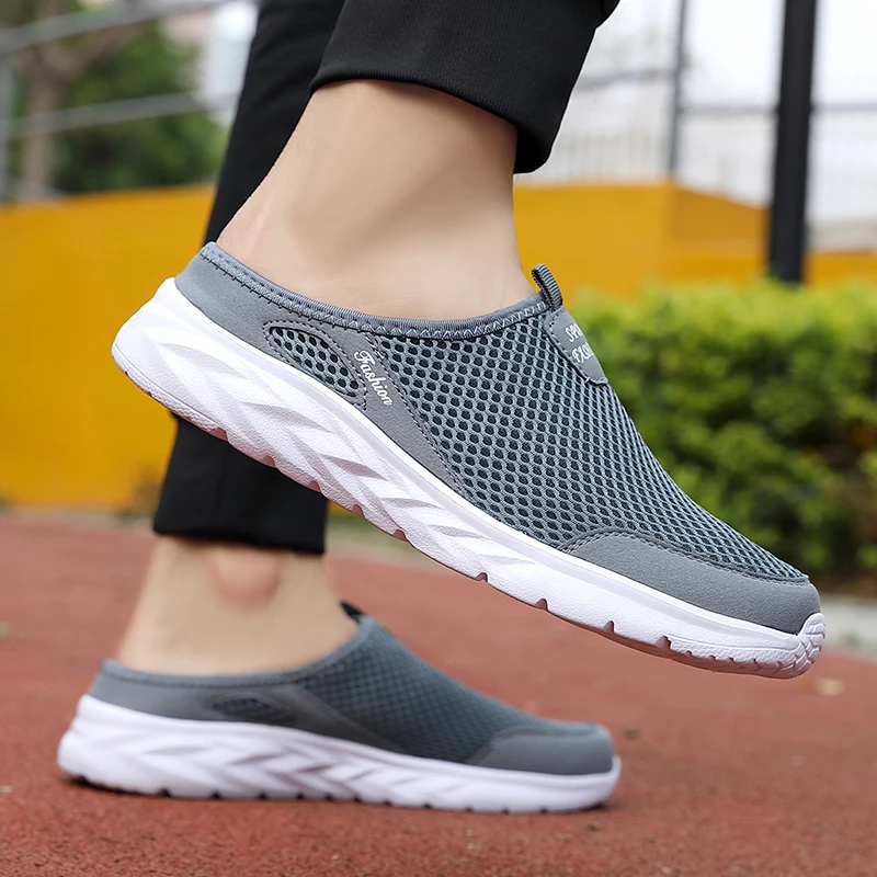 Plus Size 39- 47 Summer Men Half Slippers Lightweight Casual Shoes Outdoor Male Flat Slippers Anti-slip Mesh Slip on Loafers