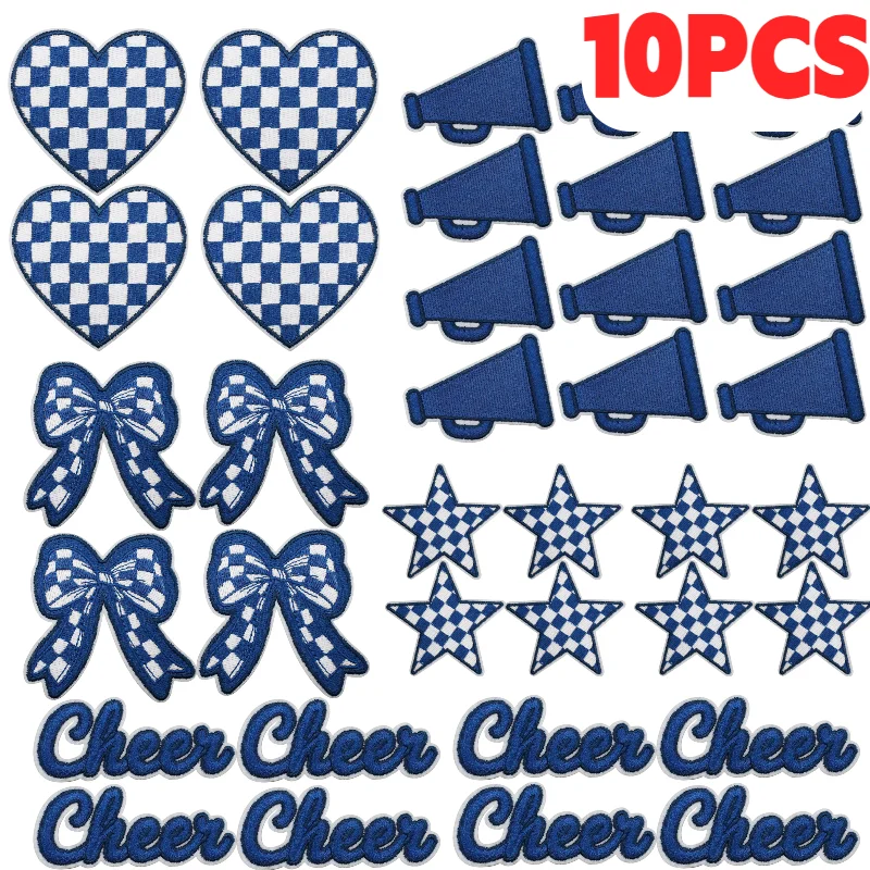 10PCS Bulk Blue Theme Lightning Love Bow Embroidery Patches Cheerleader Game Day Encouragement Iron On For Clothes Decoration