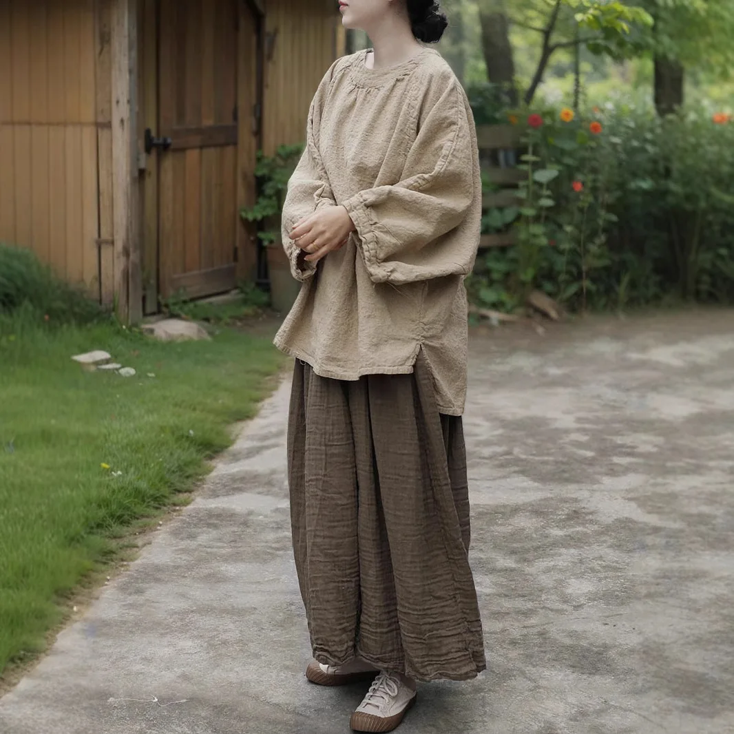 

High texture simple loose lazy casual long sleeve literary retro doll pullover top fashion versatile simple temperament elegant