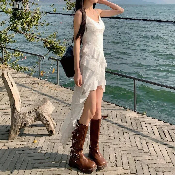 French Style White Lace Irregular Cami Dress Pure Desire Vibe for Beach