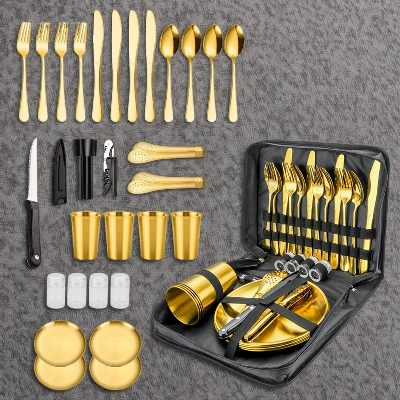 

Stainless Steel Camping Cutlery Set Portable Utensils Kit With Knife Fork Spoon Cup BBQ Tongs Plate For Outdoor Picnic Travel