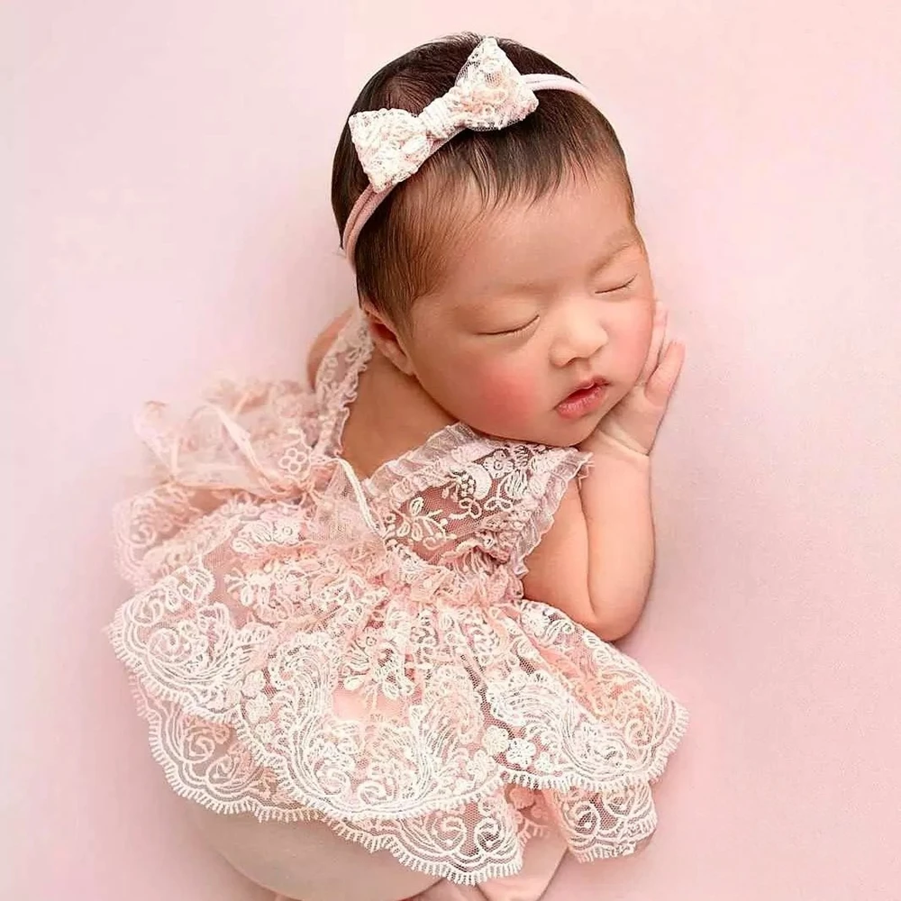 Newborn Photography Props Lace Dress Baby Girl Photoshoot Outfit Embroidery Ruffle Romper Studio Portrait Photo Clothing