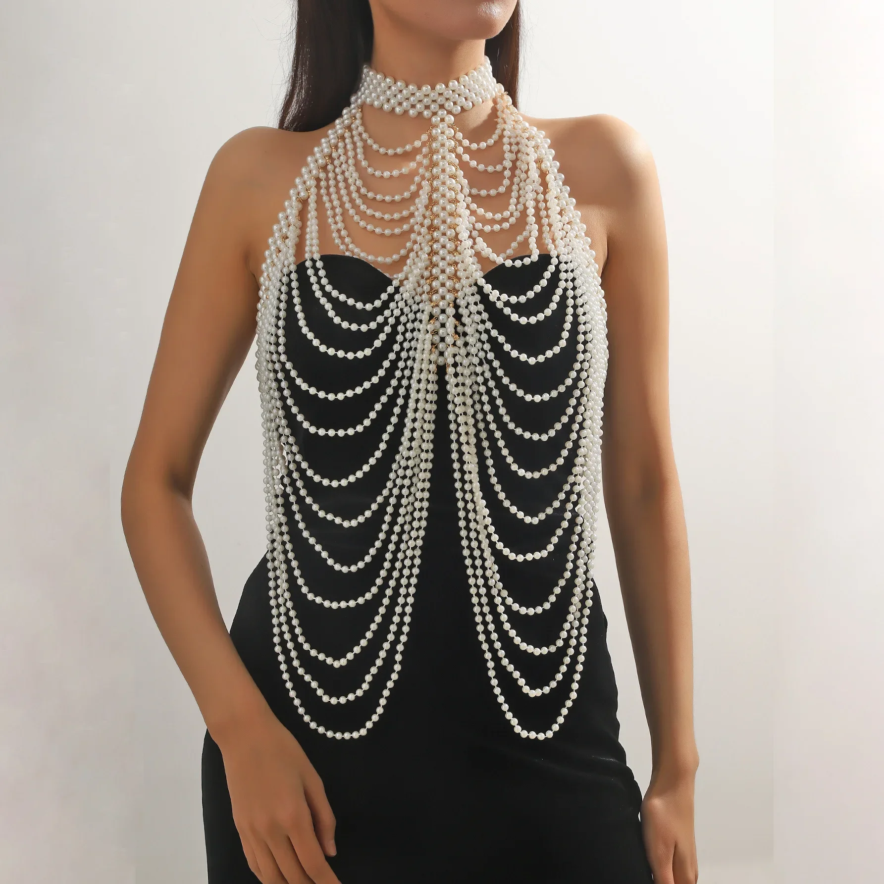 Exaggerated Multi-layer Pearl Shoulder Necklace Fashion Party Prom Body Retro French Enamel Floral Charm Necklace Accessories
