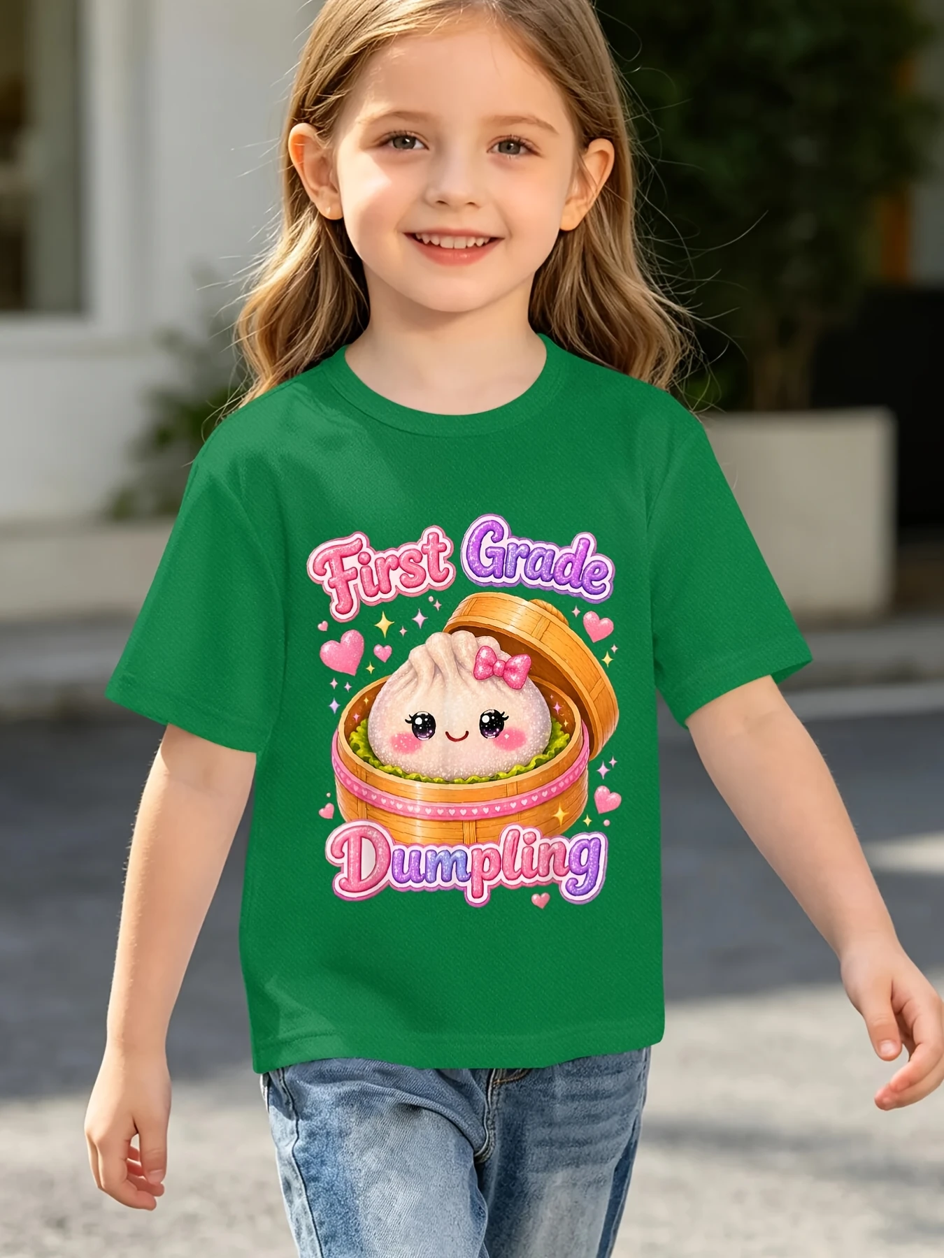 Cute Cartoon Dumpling Steamer Grade Heart Letter Graphic Print T Shirt Family Matching Boys Girls Kids Short Sleeve Daily Tees