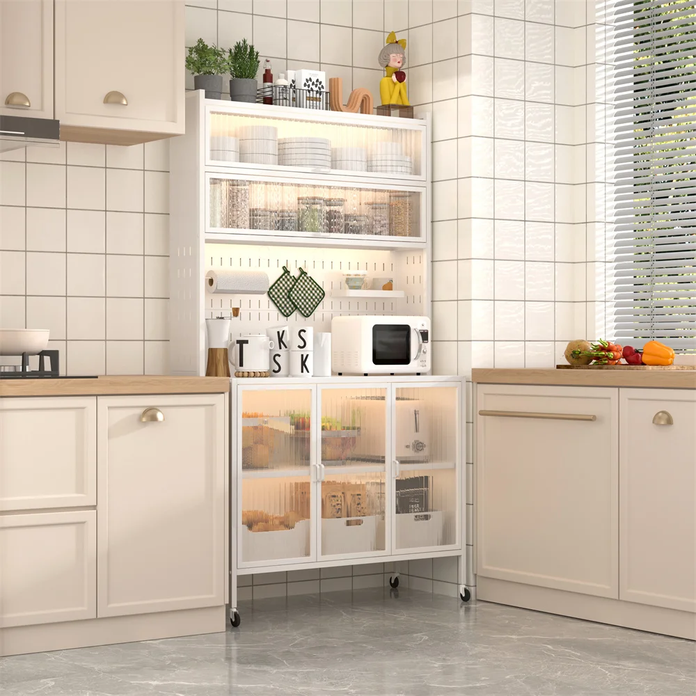 Multi-functional Metal Steel Kitchen Storage Cabinet With Glass Doors And Pegboard Shelves - Image 3