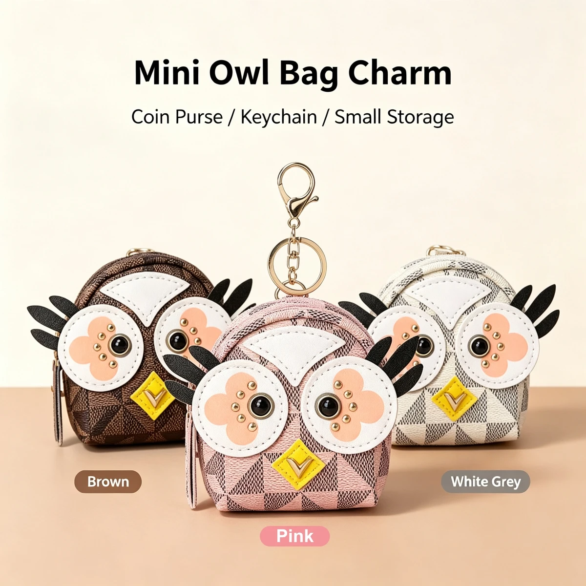 Cute 3D Owl Mini Coin Purse Leather Keychain, Portable Earphone Storage Bag, Cartoon Animal Car Key Holder Gift for Women Girls