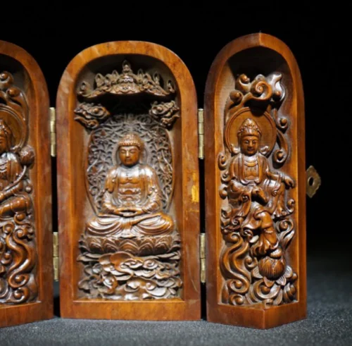 China natural Old collection Boxwood Three open boxes Hand-carved Buddha statue