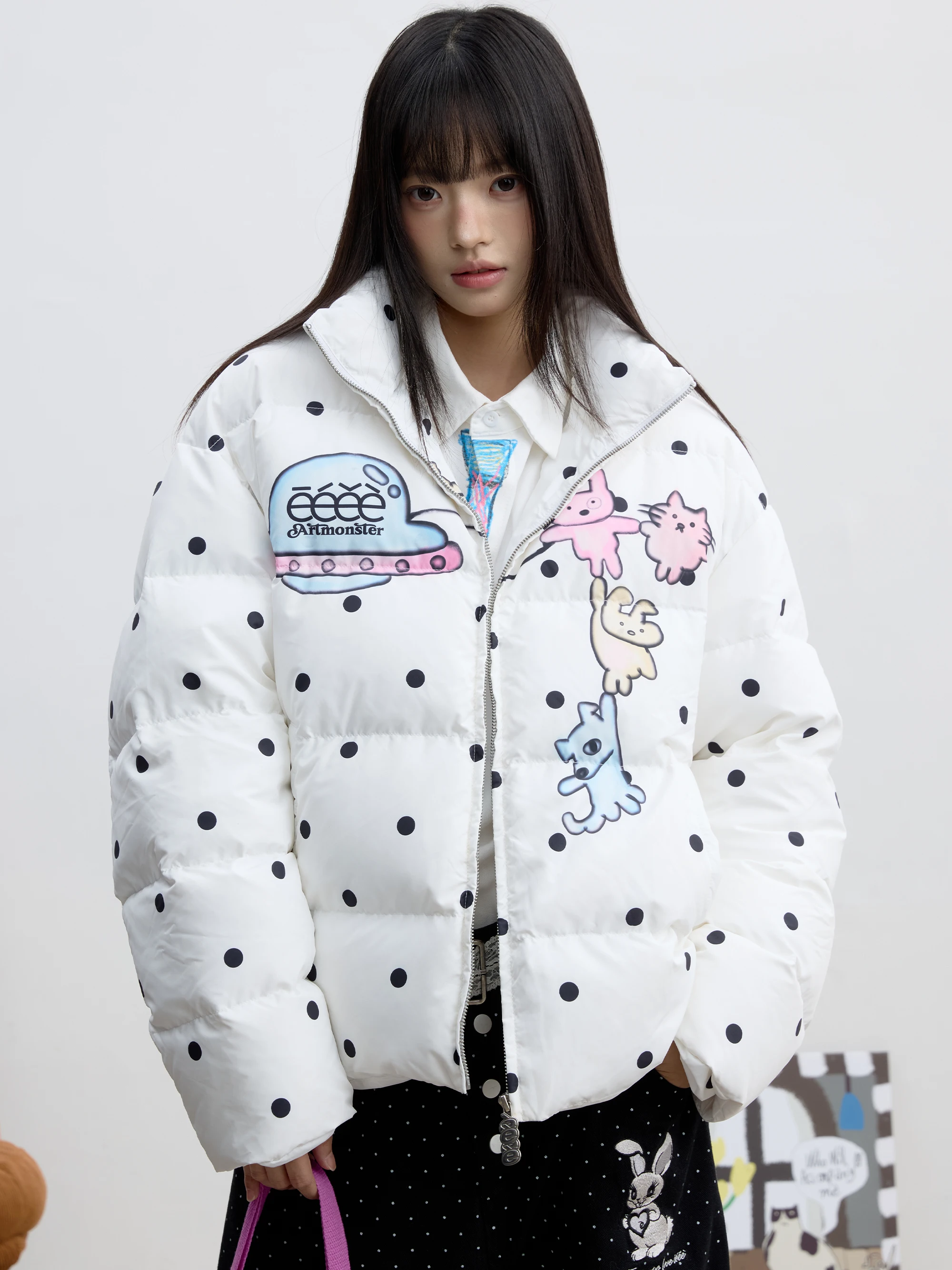 Flash Starship Polka Dot Print Graffiti  Dog UFO down Jacket Youth Casual Warm Long Sleeve Zipper Closure Regular Fit Coat