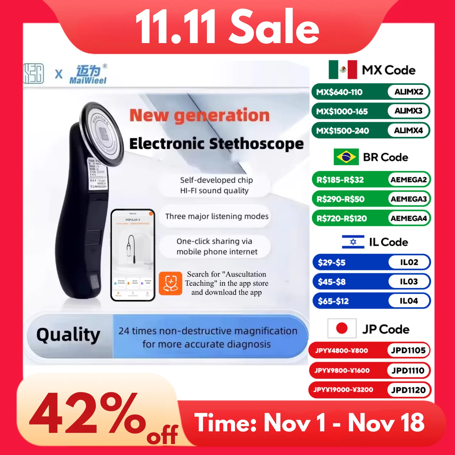 Digital Stethoscope Medical Bluetooth Electronic Stethoscope For Doctors Nurse 40 Times Magnification App Recordable Health Care