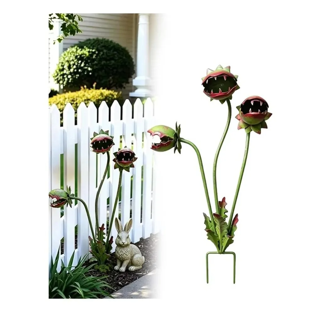 Colorful Painted Metal Flytrap Garden Stake Wrought Iron Rust-proof Carnivorous Plant Floral Stakes 3-Head Iron Garden Stake