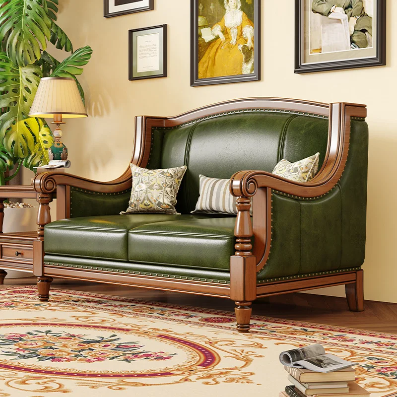 Sofá de cuero americano villa combinada retro 123 de madera maciza