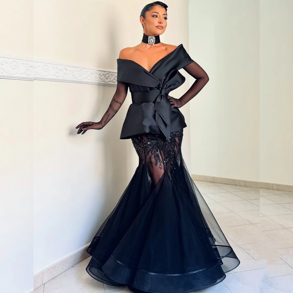

Customized Modern Style Organza Sequined Pleat Trumpet Off-the-shoulder Long Dresses Bespoke Occasion Sparkle