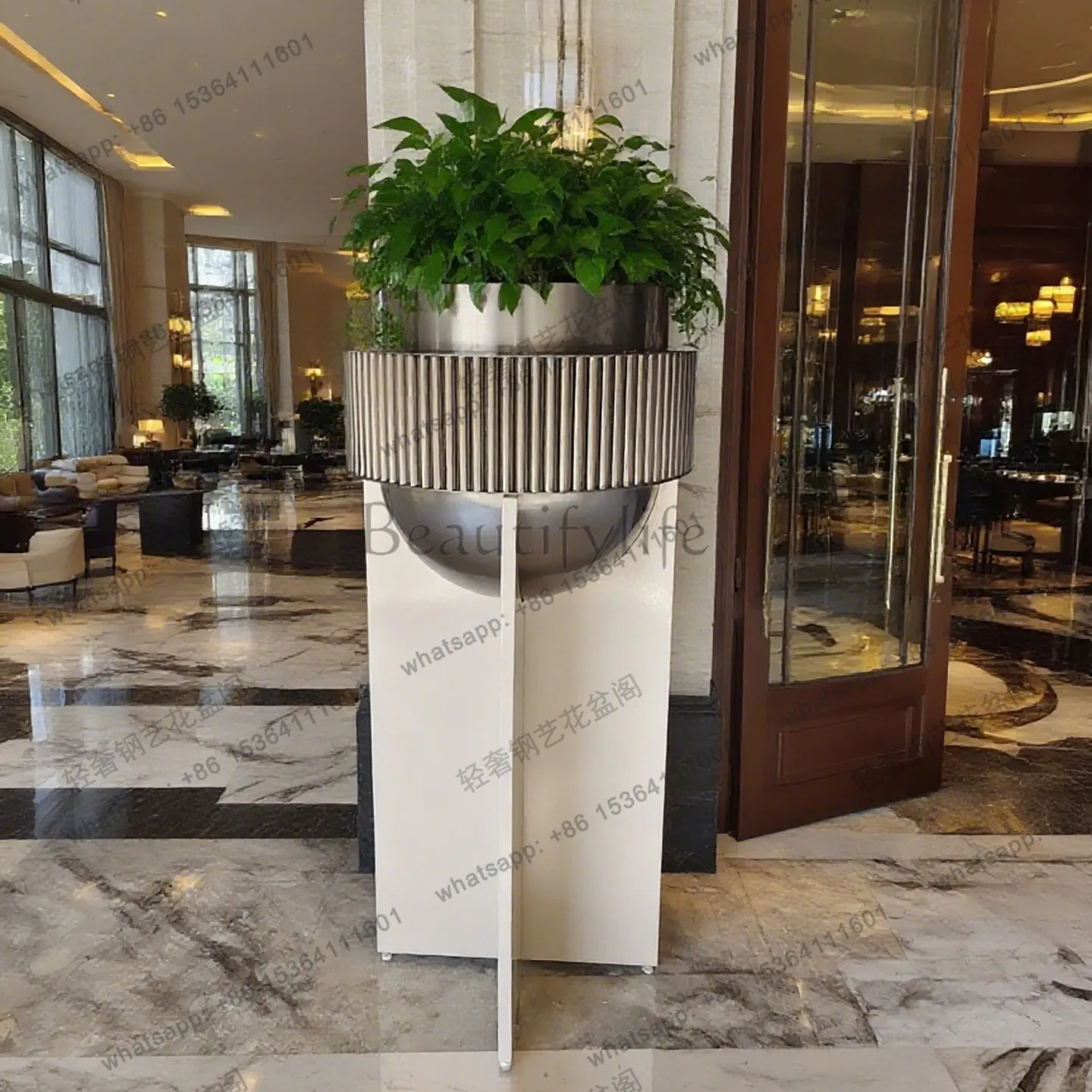 Stainless steel flower pot floor-to-ceiling flower device is suitable for office buildings, shopping malls, hotel living rooms