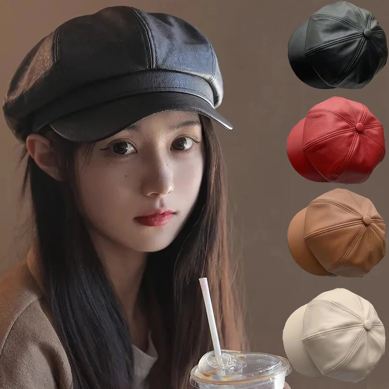 Black PU Leather Octagonal Cap Fashion Simple Large Size Beret Autumn/Winter Painter Hat Female Duck Tongue British Style Caps