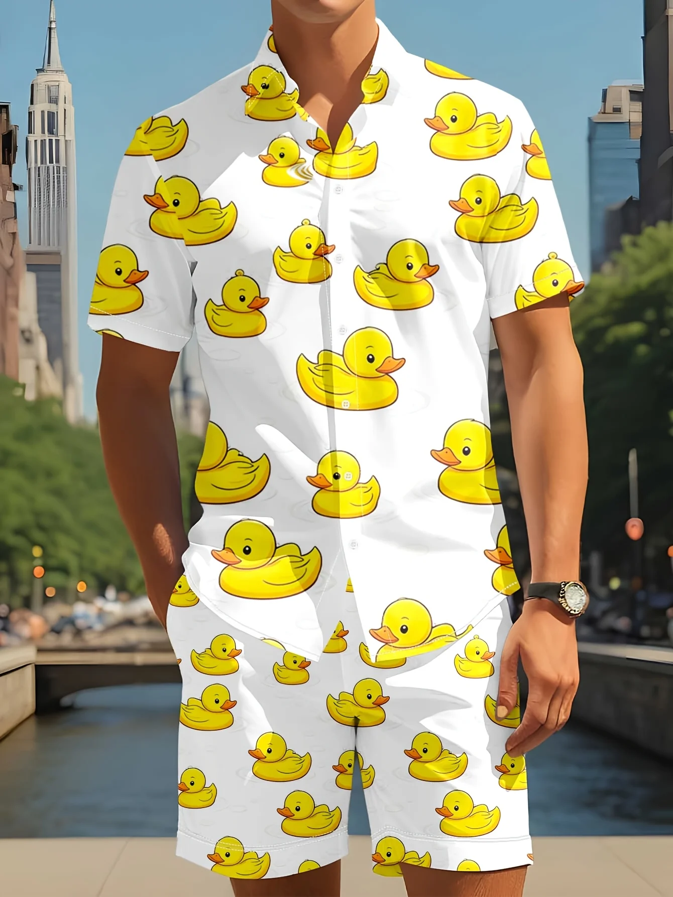 Cartoon Duck Graphic Men Co‑ord Set Turn‑down Collar Button Shirt Elastic Waist Short Pant Vacation Suit - view 5