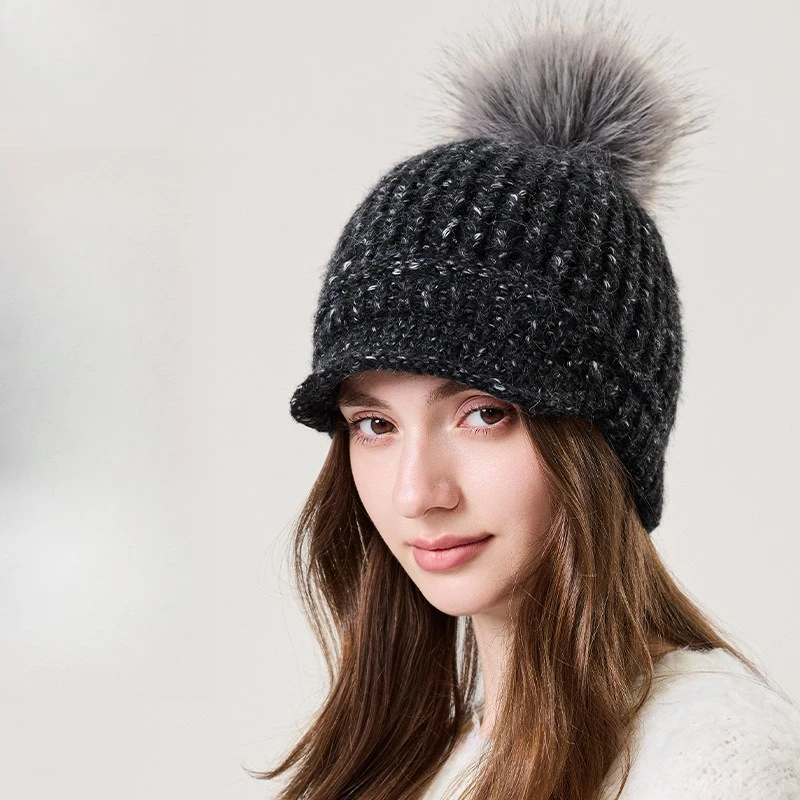 Hairball Warm Knitted Hat Autumn and Winter Cap Women's Versatile Thickened Knitted Hat Wool Soft Warm Hairball Ear Protector