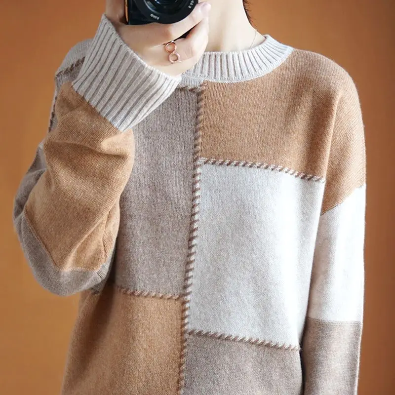 Autumn Winter Women Contrast Color Simple Casual All Match Knitted Sweater Female O Neck Long Sleeve Loose Pullover Tops Jumpers