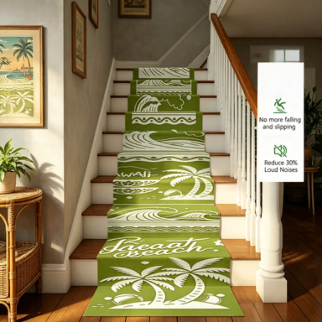 Tropical Palm Coconut Ocean Surf Print Self-adhesive Long Stair Runner Mat,Mute Anti-slip Flexible Washable Stair Step Protector