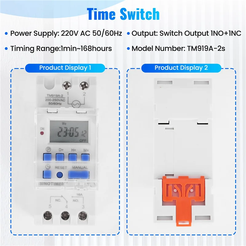 L72A-SINOTIMER TM919A-2 مفتاح الوقت الرقمي القابل للبرمجة التحكم في الموقت التيار المتناوب 220 فولت 16A Din السكك الحديدية جبل