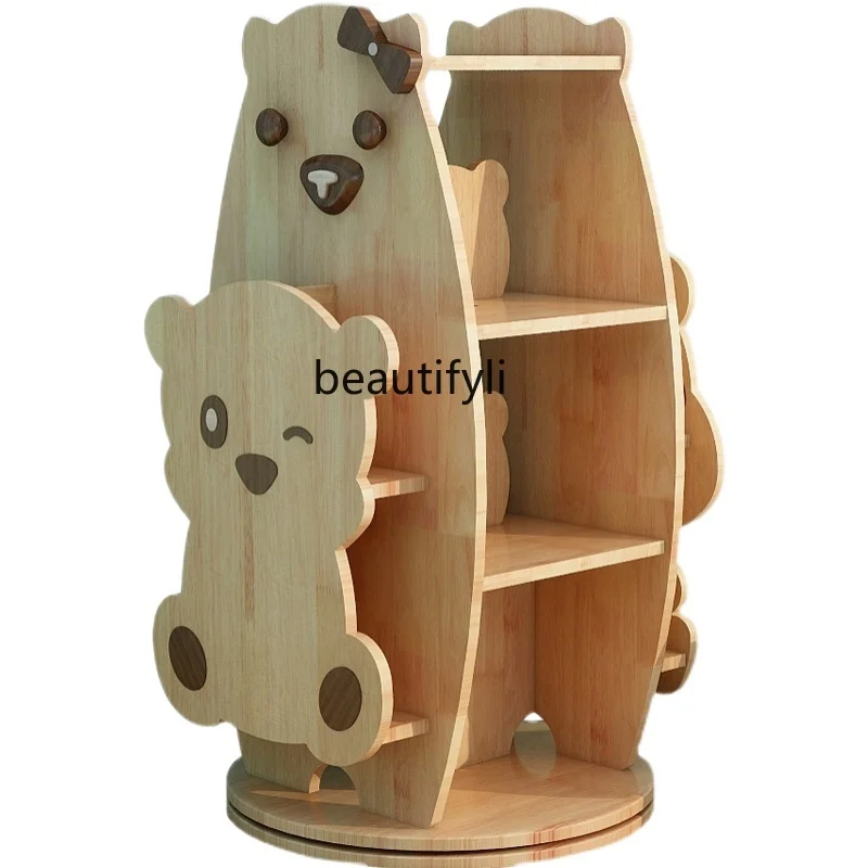 Solid Wood Rotating Bookshelf Floor 360 Degrees Bookcase Picture Book Rack Toy Storage Rack Oak Storage Rack