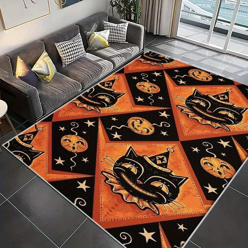 Retro Witch on Broom Halloween Welcome Mat Pumpkin Bat Pattern Vintage Style Indoor Front Door Decorative Floor Rug
