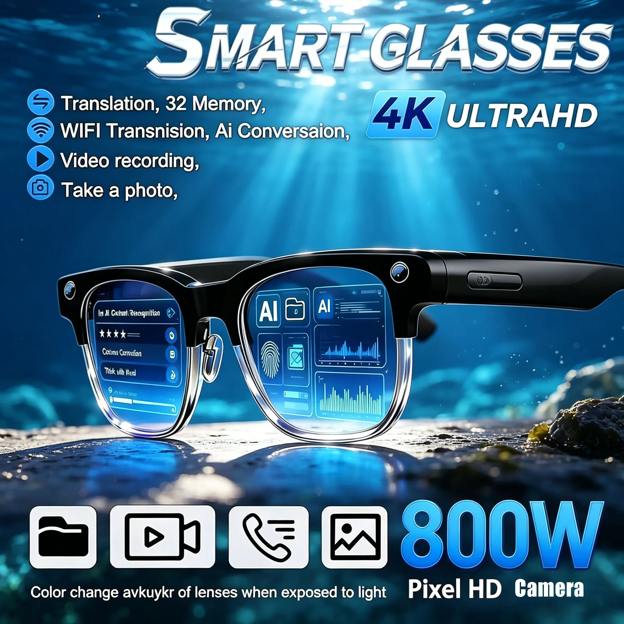 

Glow AI Smart Glasses New 800W Pixel Camera Smart Glasses Video Recording AI Photo Recognition Bluetooth Call Voice Translatio