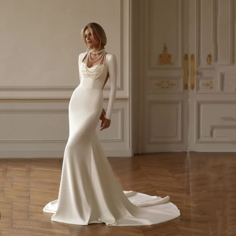 Robe de Mariée Sirène en Satin Ivoire, Personnalisée, Moderne, Sexy, Simple, Icide, Dos Ouvert, Bouton Plissé, Manches sulf, Sans Bretelles