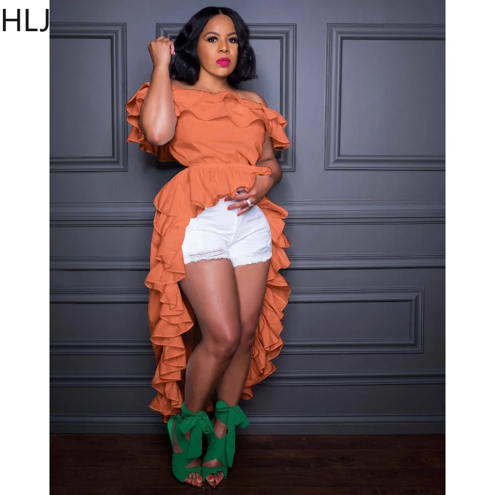 HLJ Fashion One Shoulder Ruffle Design Irregular Shirt Women Round Neck Sleeveless Swallowtail Tops Casual Female Solid Clothing