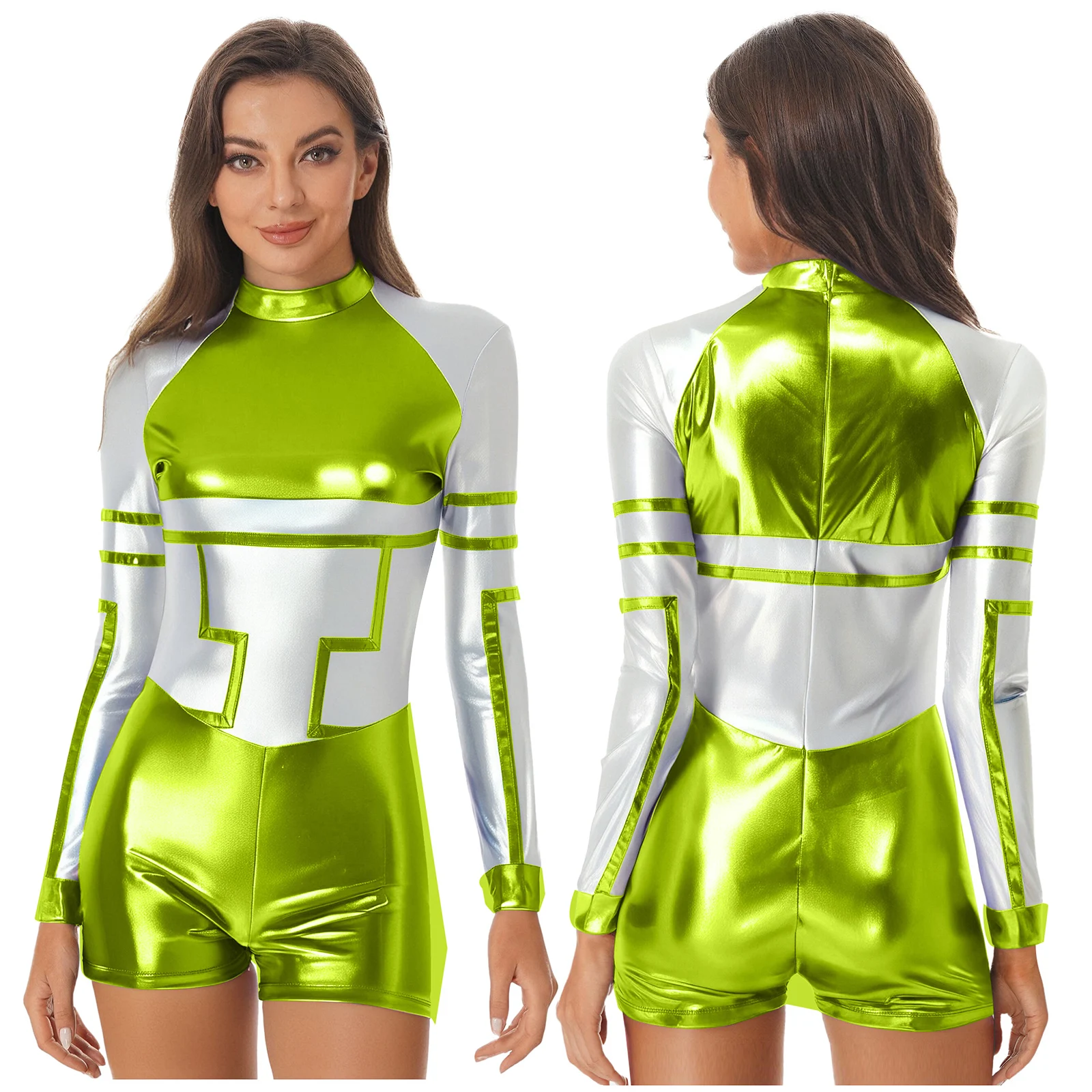 Disfraz de astronauta de Robot alienígena espacial para mujer, disfraz de viaje de galaxia, mono metálico brillante de manga larga para fiesta temática de Halloween