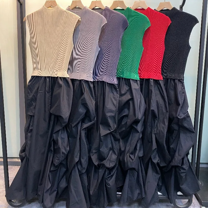 Miyake Pleated Women's Dress Sleeveless Vest Long Elegant Temperament Loose Waist Irregular Large Hem Flower Pod Skirt