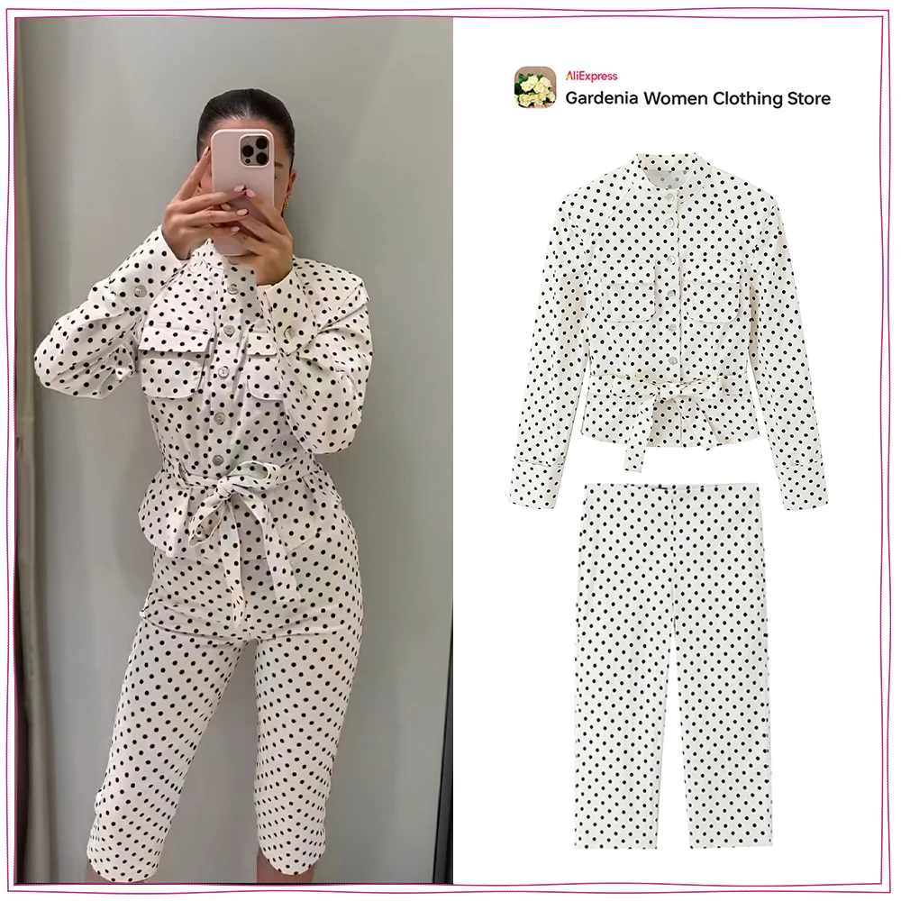 Elegant Chic Fitted Polka Dot 2 Piece Sets for Women Spring New Matching Sets Polka Dot Shirt Jacket with Tie Belt + Capri Pants
