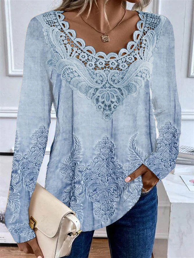 Plus Size Women's Long Sleeve Scoop Neck Lace Stitching Floral Printed Top