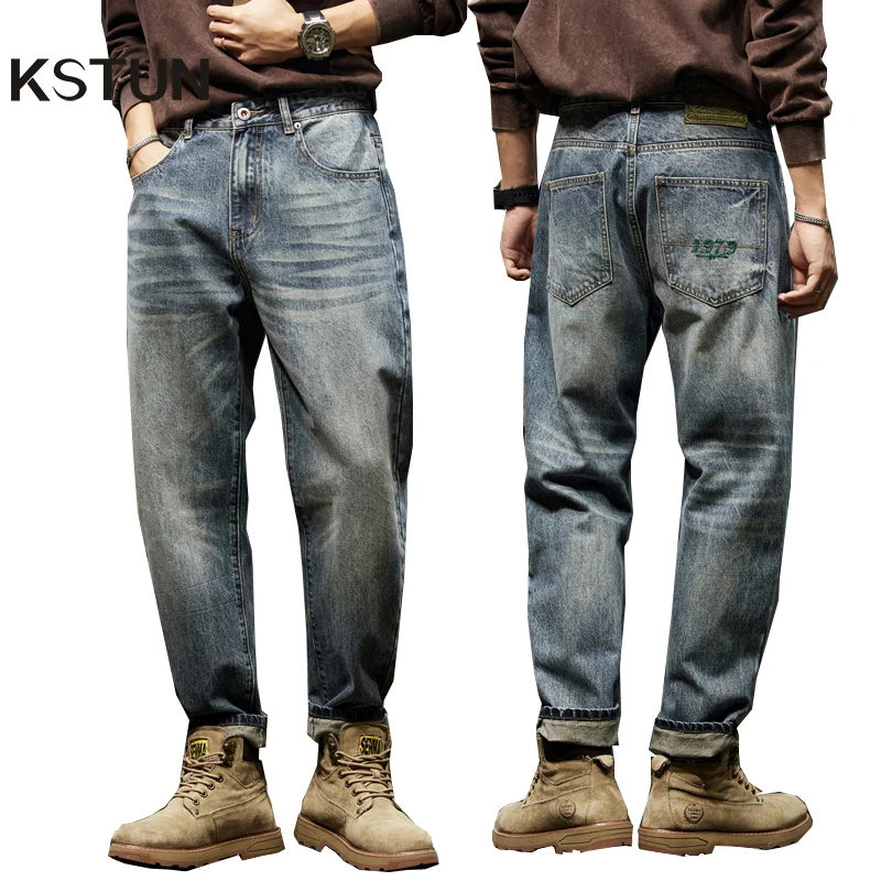 KSTUN Jeans For Men Baggy Pants Loose Fit Harem Pants Men's Clothing Fashion Pockets Large Size Man Denim Trousers Oversized 40