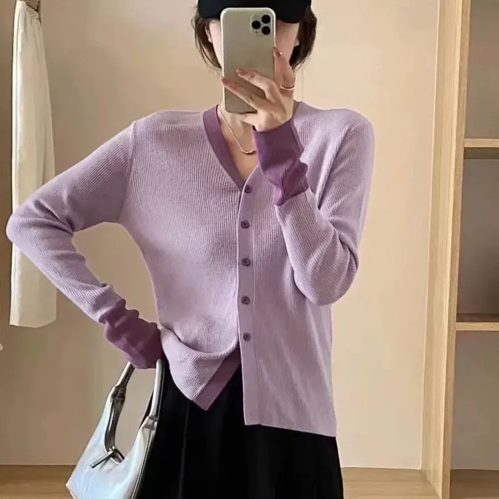 Autumn Knit Cardigan Girl Patchwork Long Sleeve Sweater Shirts Woman Contrast Color Knitted Tops Elegant Sweet Slim Chic Top New