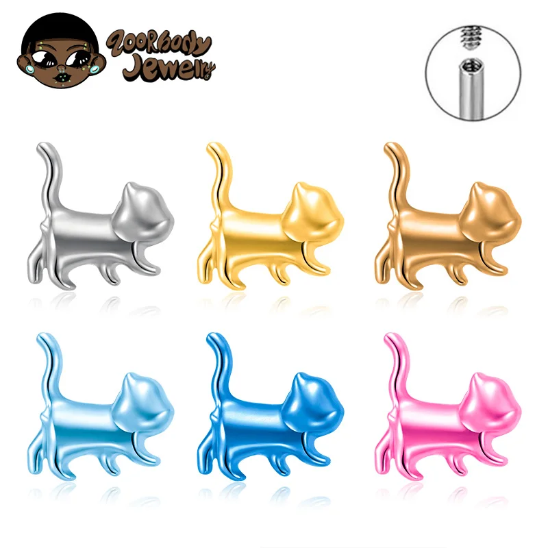 ASTM F136 Titanium Cute Cat Lab Star Flat Back Cartilage Stud Earring Internally Threaded Lab Helix Tragus Anodizing Lip Ring