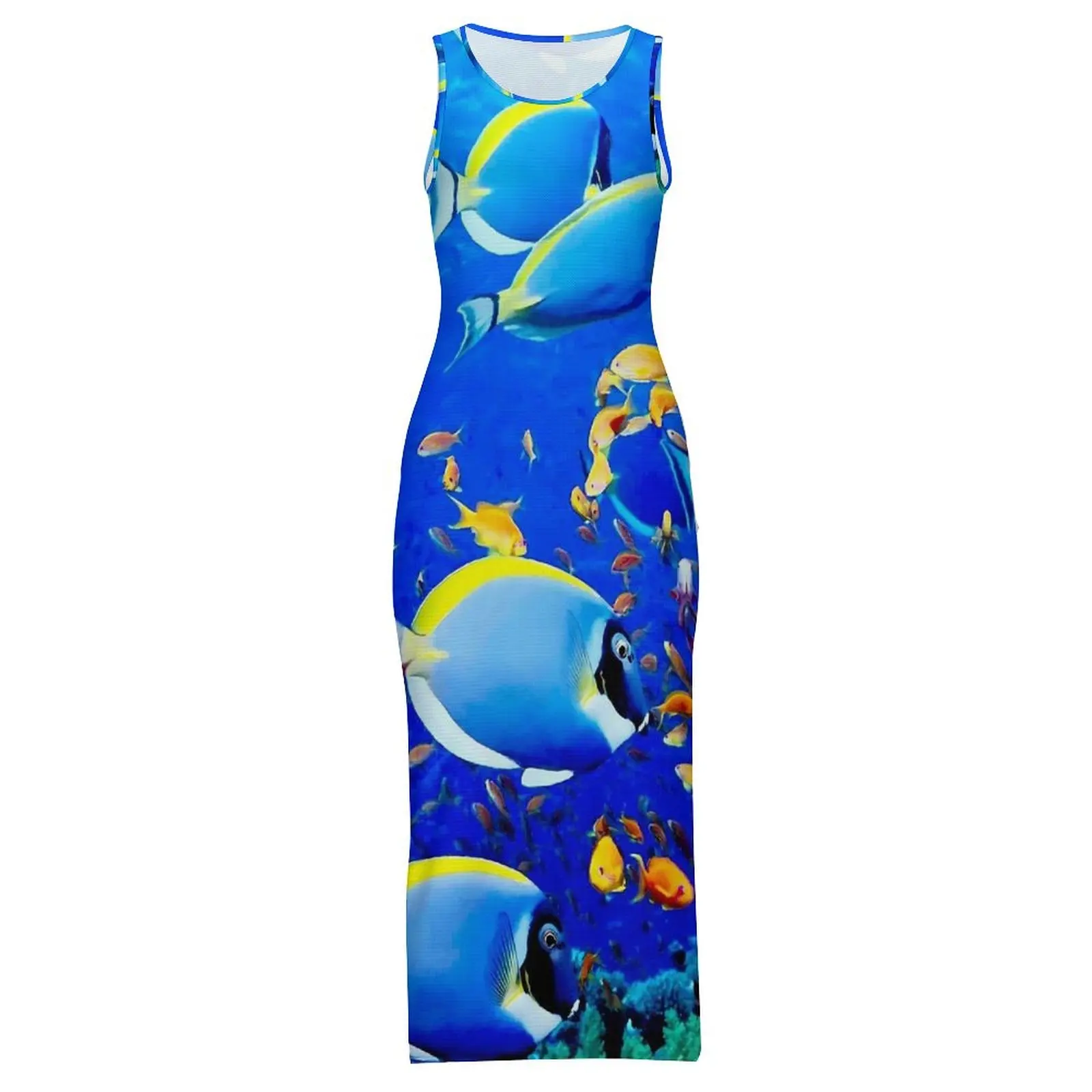 Feminino tropical marinho vestido colorido peixe impressão bodycon vestido primavera sem mangas clube sexy maxi vestidos personalizados de grandes dimensões