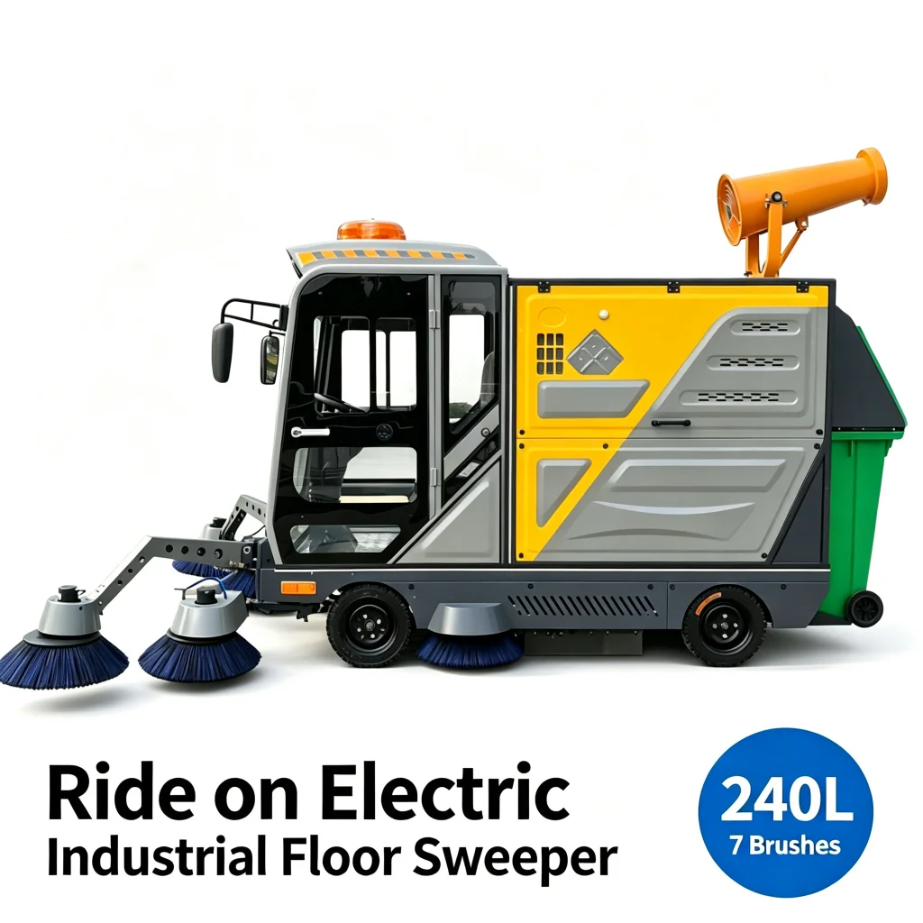 Electric Ride-on Street Sweeper 7-Brush Industrial Floor Cleaning Machine 240L Dustbin with High Pressure Washer for Road Park