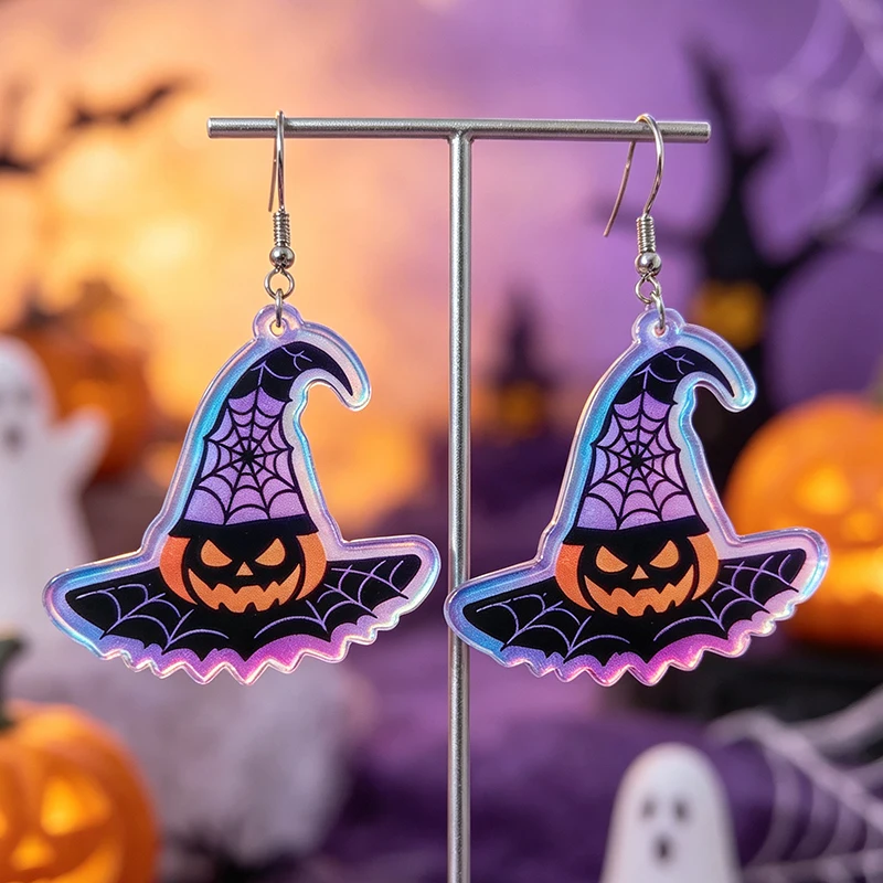 Halloween Witch Hat Pumpkin Earrings Spider Web Printed Rainbow Acrylic Stainless Steel Earhook Earrings Weird Holiday Jewelry