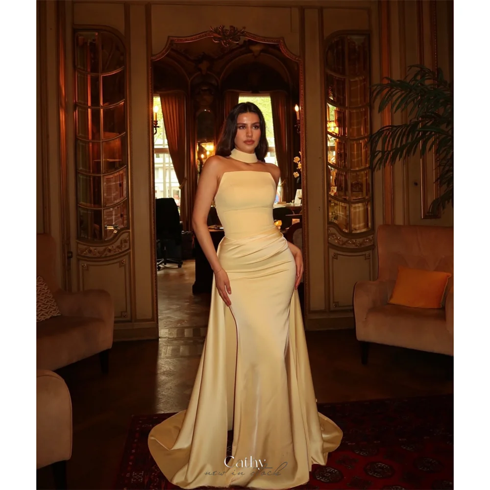 

Cathy Customized Yellow High Neck Mermaid Prom Dresses Luxury Sleeveless vestidos de noiva Satin Court Train Formal Evening 2025
