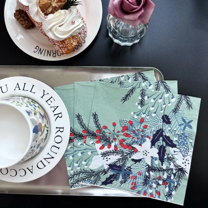 20pcs 33cm 2-Ply Colorful Christmas Botanical Print Napkins for Holiday Table Setting DIY Decoupage Paper
