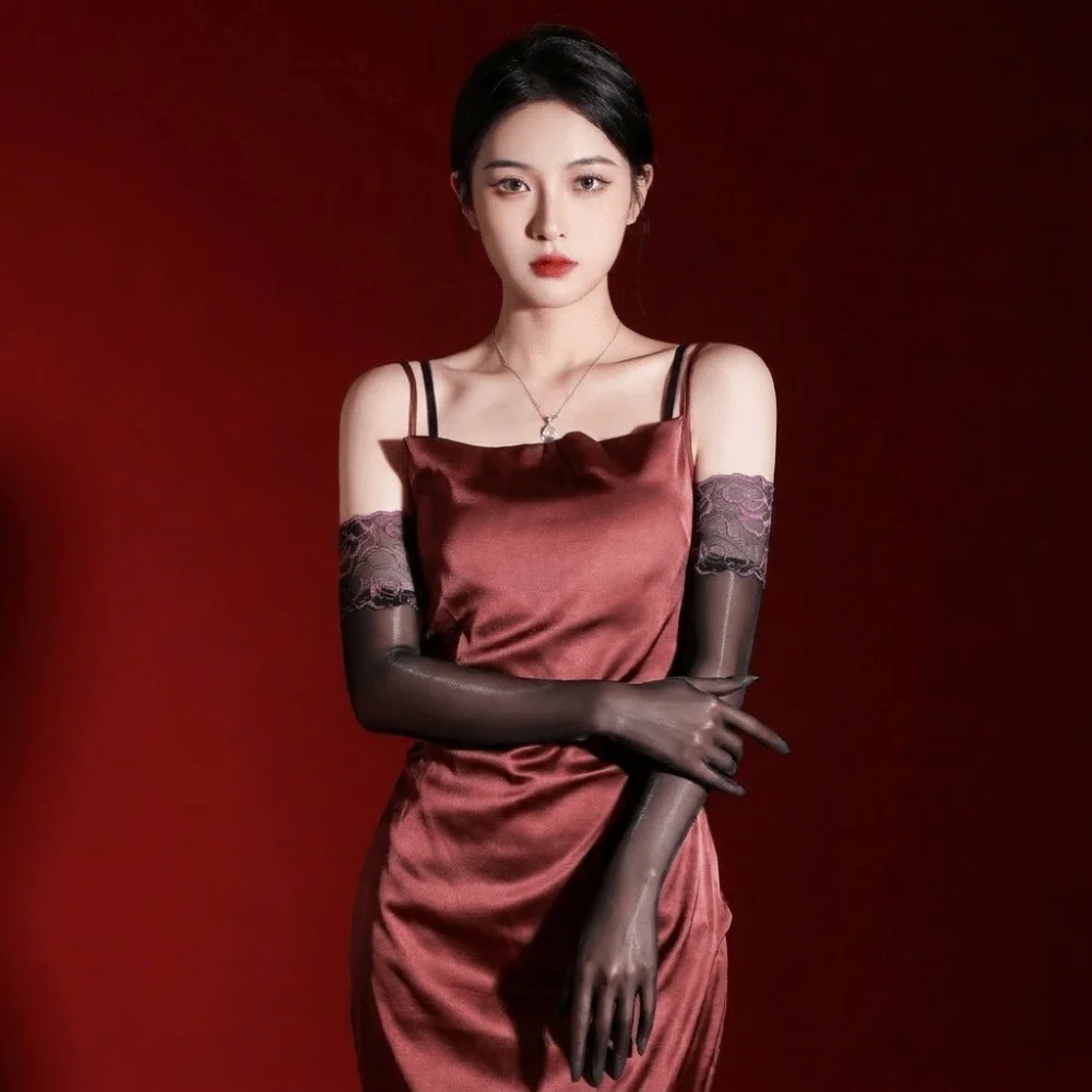 Breathable Lace Cuff Five Finger Gloves Smooth Ultra-thin Sheer Gloves Tight Stretchy Long Gloves Fashion Accessories