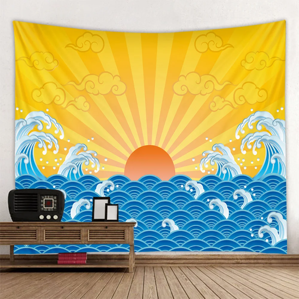 Ocean Sunset Art Retro Aesthetics Tapestry Kanagawa Wave Print Wall Hanging Blanket Bohemian Bedroom Living Room Art Decoration