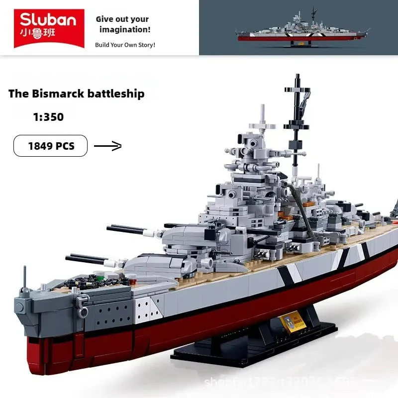 MOC Sluban WW2 Military Battle Ship Germany KMS Bismarck Battleship Building Blocks Classic Navy Weapon Model Bricks Toys Gifts