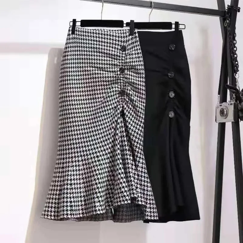 

2025 Women Fashion Medium Long Skirt Retro Female Plaid Flounce Length Skirt Spring Summer Lady High Waist Fish Tail Maxi Skirt