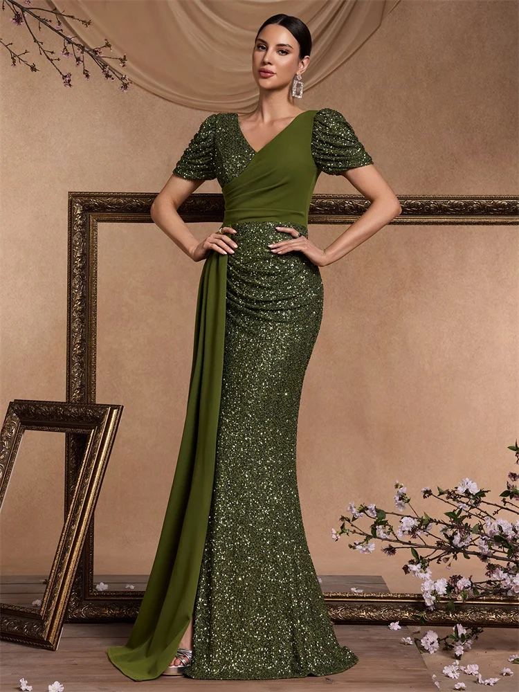 Lucyinlove Elegante scollo a V con giunture di paillettes Abito da sera da donna Maniche corte Sirena Formale di lusso Festa di nozze Prom Streamer Abito