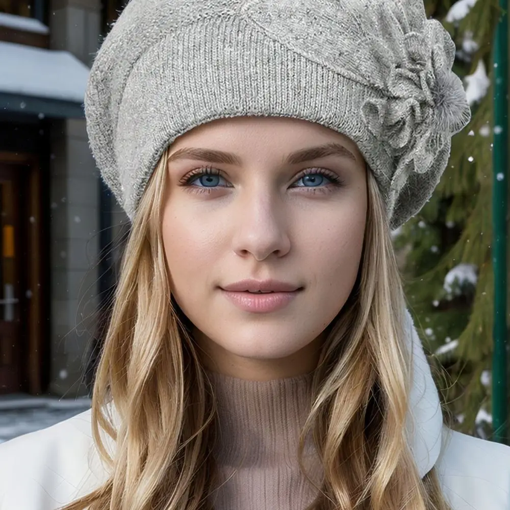 Fashion Knit Beanie Hat Women Winter Fleece Lined Floral Decor Warm Soft Casual Cap Windproof Bonnet For Cold Climate